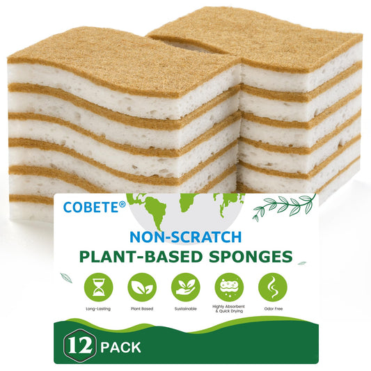 COBETE 12 Pack Natural Biodegradable Kitchen Non Scratch Sponges,Compostable Plant Based Coconut Cellulose Sponge,Eco Friendly Reusable Dish Scrubber Sponge for Pots, Pans & Household Cleaning