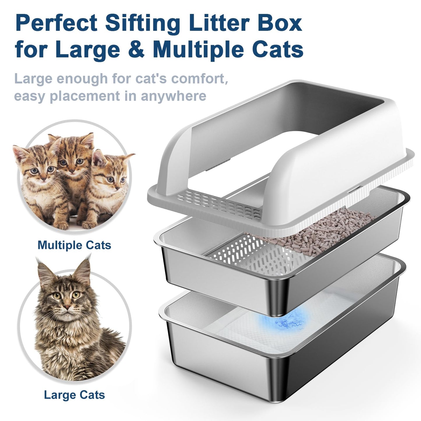 23.6''x16''x12'' Enclosed Stainless Steel Litter Box with Lid, XL Sifting Litter Box for Pine Pellets, High Sides Metal Litter Box System for Big Cats, Anti-Leakage, Easy Cleaning, Less Tracking