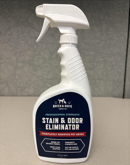 Rocco & Roxie Supply Co. Stain & Strong Odor Eliminator, Enzyme Cleaner, Pet Odor Eliminator for Home - Carpet Stain Remover for Cats & Dog Pee - Urine Destroyer - Carpet Cleaner Spray Clear, 32 Fl Oz