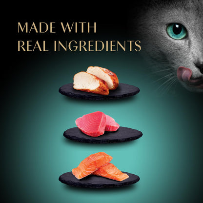Sheba Premium Puree Cat Treats Lickable Roasted Chicken Flavor, Smoked Salmon Flavor, and Seared Tuna Flavor, 0.49 oz. Tubes, 24 Count