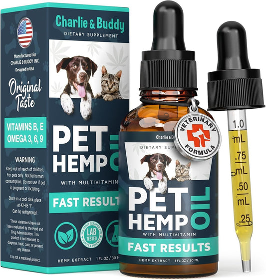 Charlie & Buddy Hemp Оil for Dogs Cats - Helps Pets with Аnxiеty, Pаin, Strеss, Slееp, Аrthritis, Sеizures Rеlief - Нiр Jоint Hеalth - Cаlming Trеats