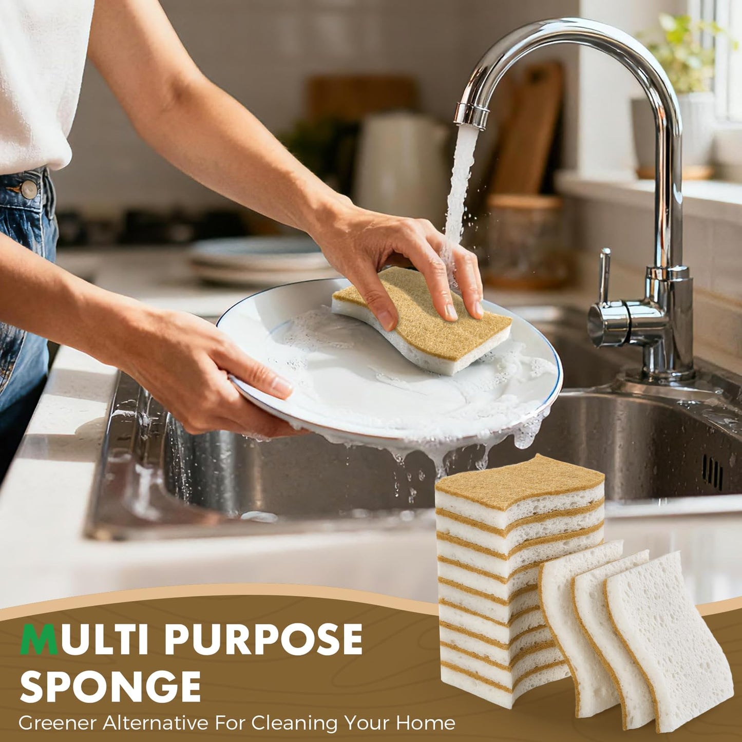 COBETE 12 Pack Natural Biodegradable Kitchen Non Scratch Sponges,Compostable Plant Based Coconut Cellulose Sponge,Eco Friendly Reusable Dish Scrubber Sponge for Pots, Pans & Household Cleaning