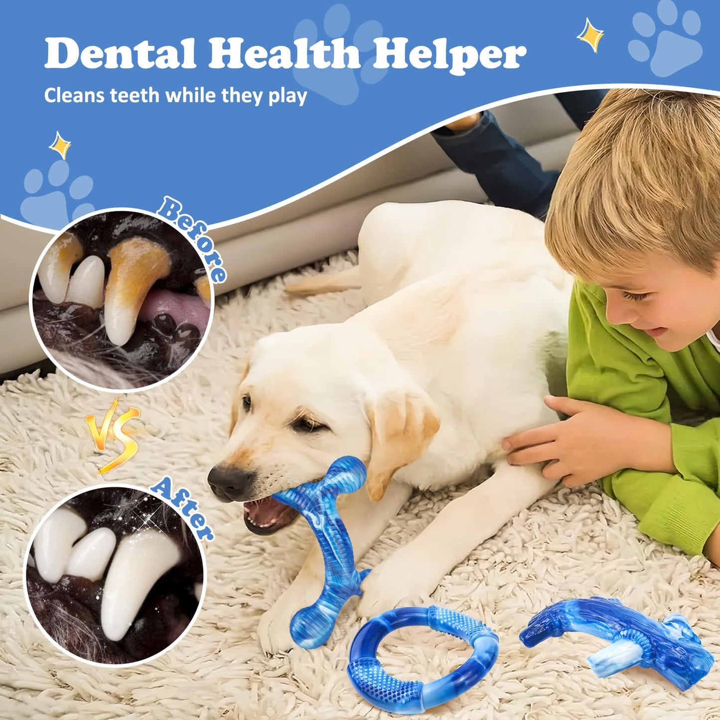 Furdog 3Pack Dog Toys for Aggressive Chewers Dog Chew Toy Tough Dog Toys to Keep Them Busy Bacon Flavor Teething Chew Toys & Dental Health for Large Medium Small Breeds (Blue)