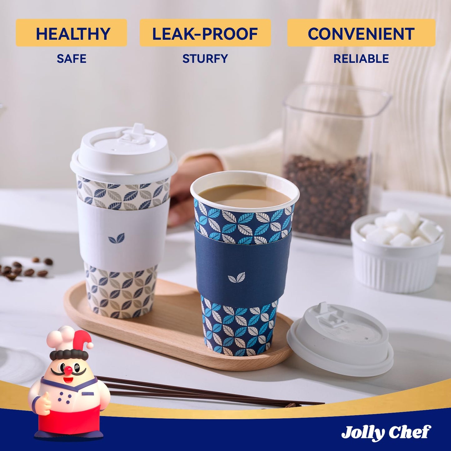 JOLLY CHEF 16 oz Coffee Cups with Lids 100 Pack, Disposable Hot Paper Coffee Cups with Lids, Sleeves and Stirrers for Christmas, Thanksgiving, Party