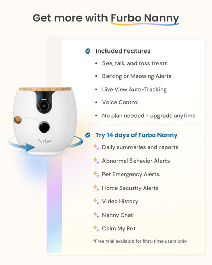 Furbo Mini 360° [New] 2K QHD Pet Camera: Dog & Cat Rotating Treat Dispenser w/Phone App, Smart Indoor Cam with 2-Way Speaker & Night Vision. No Subscription Needed. Standard See, Talk, & Toss Features