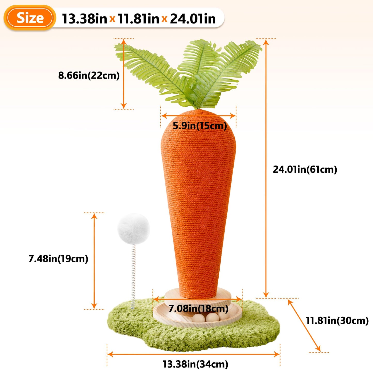 Cute Cat Scratching Post, Carrot Cat Scratcher Post with Durable Natural Wooden Turntable Toy and Catnip, 24'‘ H Carrot Shape Design Sisal Cat Tree Sisal Scratcher for Indoor Cats (Cloud Base)