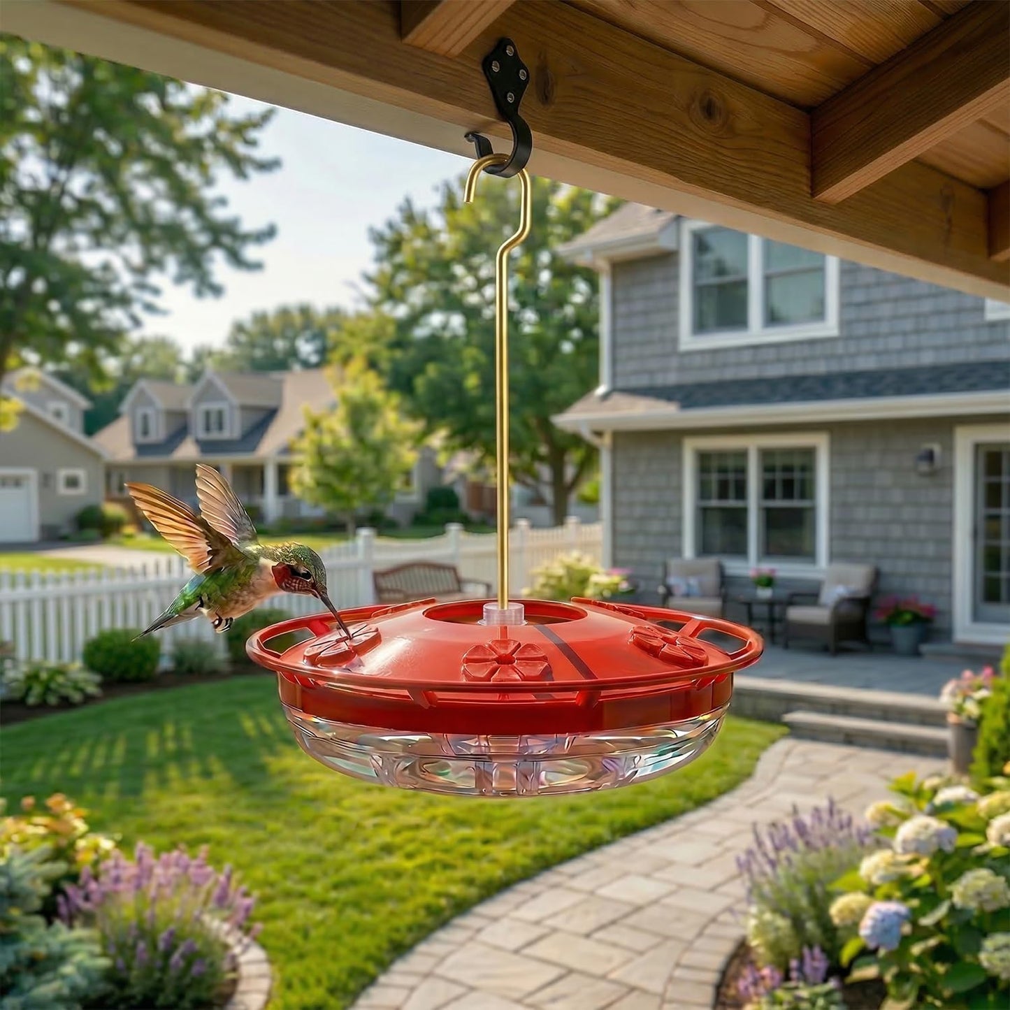 eWonLife 2 Pack Hummingbird Feeders for Outdoors, 16oz Leak-Proof Saucer Humming Bird Feeder with Integrated Ant Moat, Bee Proof 5 Feeding Ports, Brush, Easy Clean & Refill, Hanging Garden Yard Décor