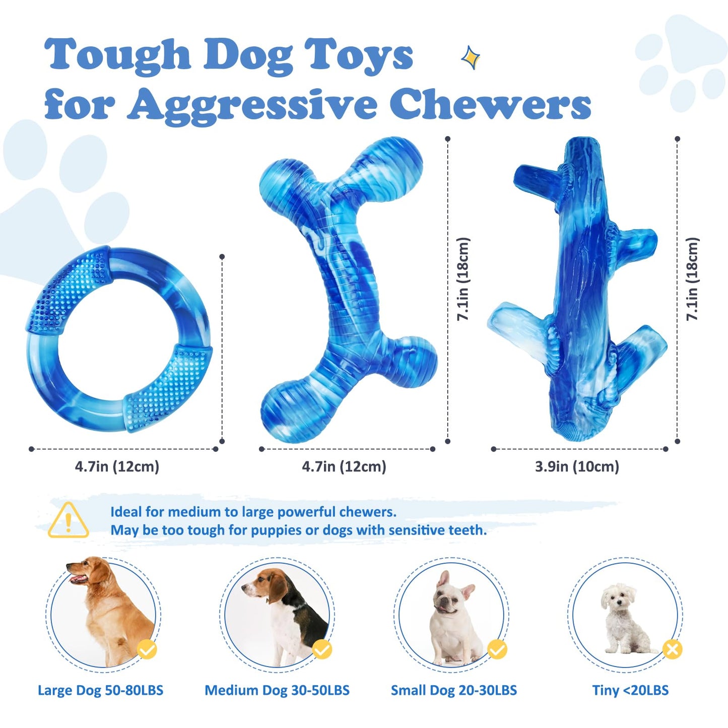 Furdog 3Pack Dog Toys for Aggressive Chewers Dog Chew Toy Tough Dog Toys to Keep Them Busy Bacon Flavor Teething Chew Toys & Dental Health for Large Medium Small Breeds (Blue)
