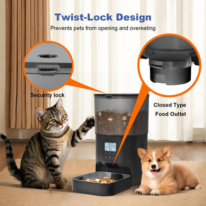 Automatic Cat Feeder, Cat Food Dispenser with 10s Voice Recorder, Pet Feeder up to 8 Meals per Day, Timed Feeder with Dry Food Sealed Ring (Black, 4L)
