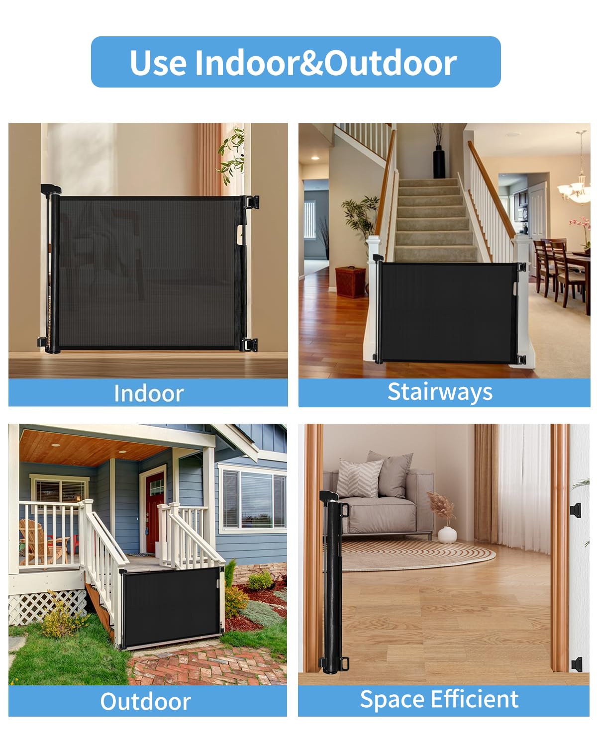 Veraste Retractable Baby Gate for Doorways and Stairs, Mesh Safety Gate for Pet, Indoor & Outdoor Use, One-Hand Operation, Easy Installation, 33.6" Tall, Expands to 55" Wide（Black,33.6"x55"