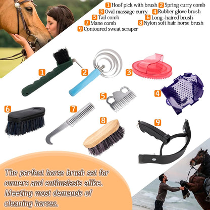 Horse Grooming Kit, Horse Brush Set, 10Pcs Horse Cleaning Kit with Brush, Sweat Scraper, Curry Comb, Hoof Pick, Tote Bag