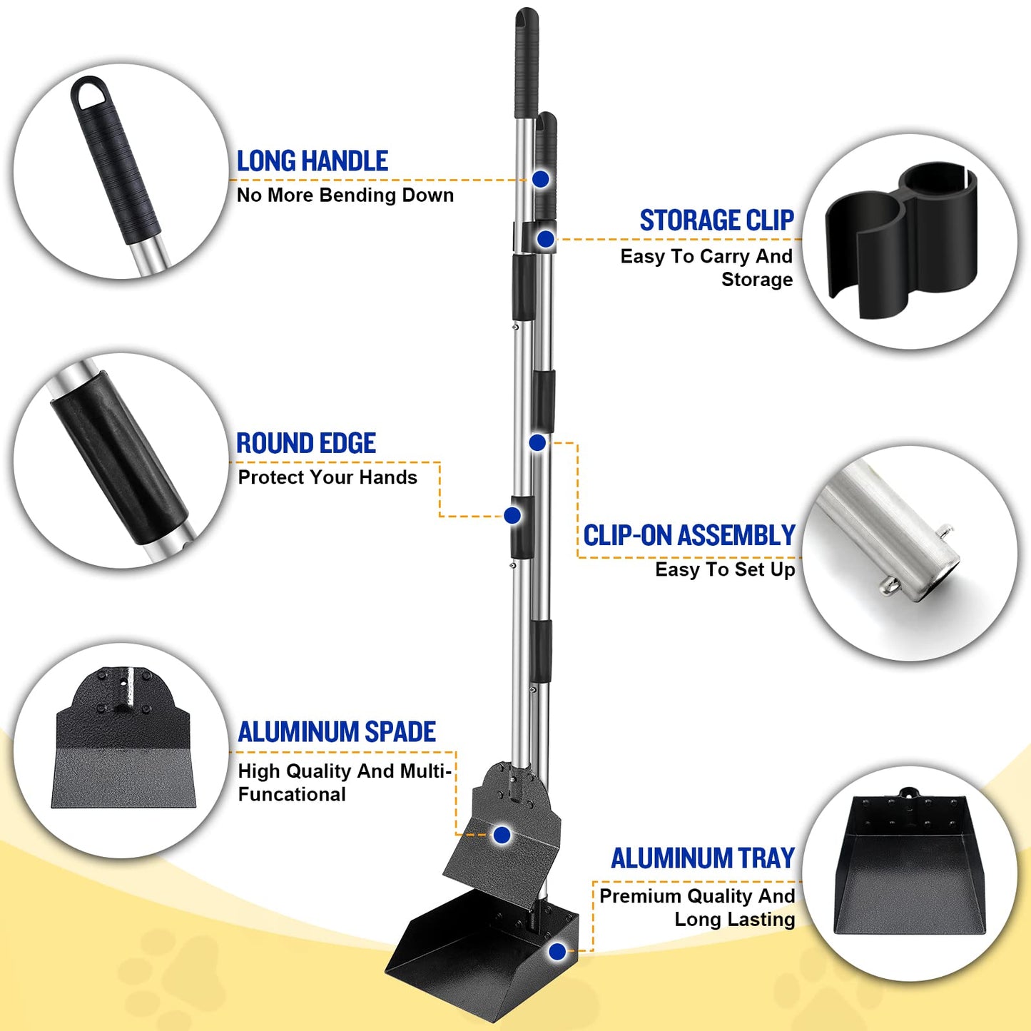 Dog Pooper Scooper,Tray and Spade Set Poop Scooper for Dogs, Adjustable Long Handle Metal Pooper Scooper with Bin for Pet Waste Removal, No Bending Clean Up for Medium and Large Dogs