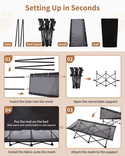KingCamp Elevated Dog Bed for Large Dogs, Outdoor Raised Cooling Pet Cot Bed with Washable Breathable Mesh & No-Slip Feet Perfect for Camping, Backyard, Indoor Use (Large, Black)