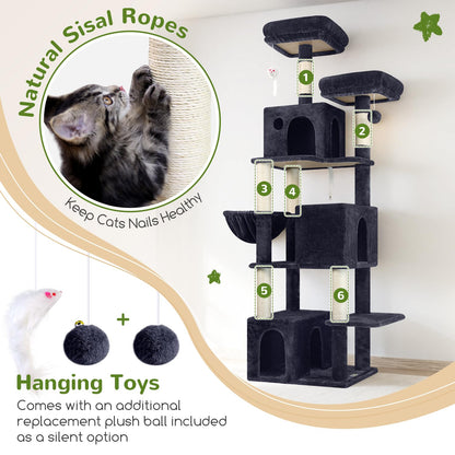 Globlazer Cat Tree Tall, 71 inches Cat Tower for Indoor Adult Cats Multi-Level 3 Condos for Indoor Cats XL Cat Tree Tower with Scratching Posts, Soft Extra Large Hanging Basket, F71, Dark Gray