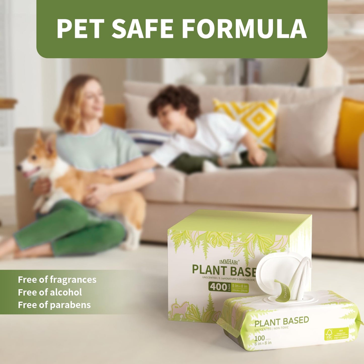 IMMHABI 400 Unscented Pet Wipes for Paws and Butt Plant Based Hypoallergenic Pets Cleansing & Deodorizing Anal Gland Hygienic Puppy Wipes for Dogs