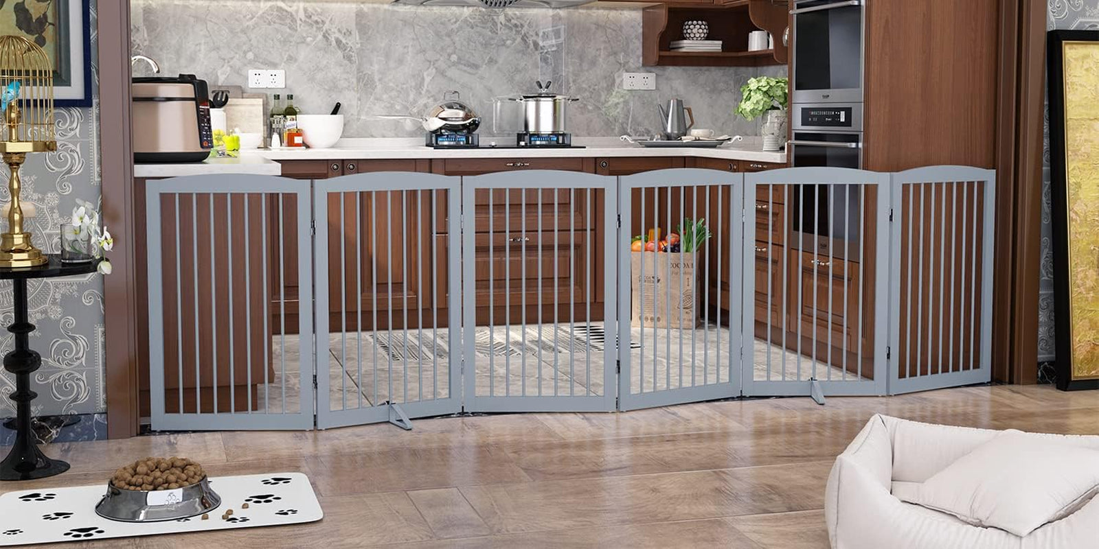 Freestanding Pet Gate for Dogs, Indoor Wooden Dog Gate for House, Extra Wide Dog Gate, Foldable Dog Gate for Stairs, Doorways, Halls, Support Feet Included, 120 Inch Wide, 6 Panels 32", Grey