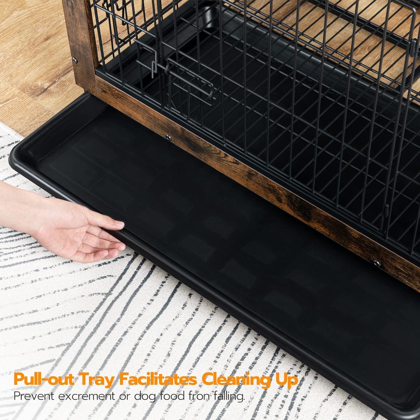 Dog Crate Furniture, 38.6" Large Dog Kennel Indoor, Wooden Dog Crate with Pull-Out Tray, Double Doors Dog House, Modern Side End Table for Small/Medium/Large Dog, Rustic Brown BF982GW03G1