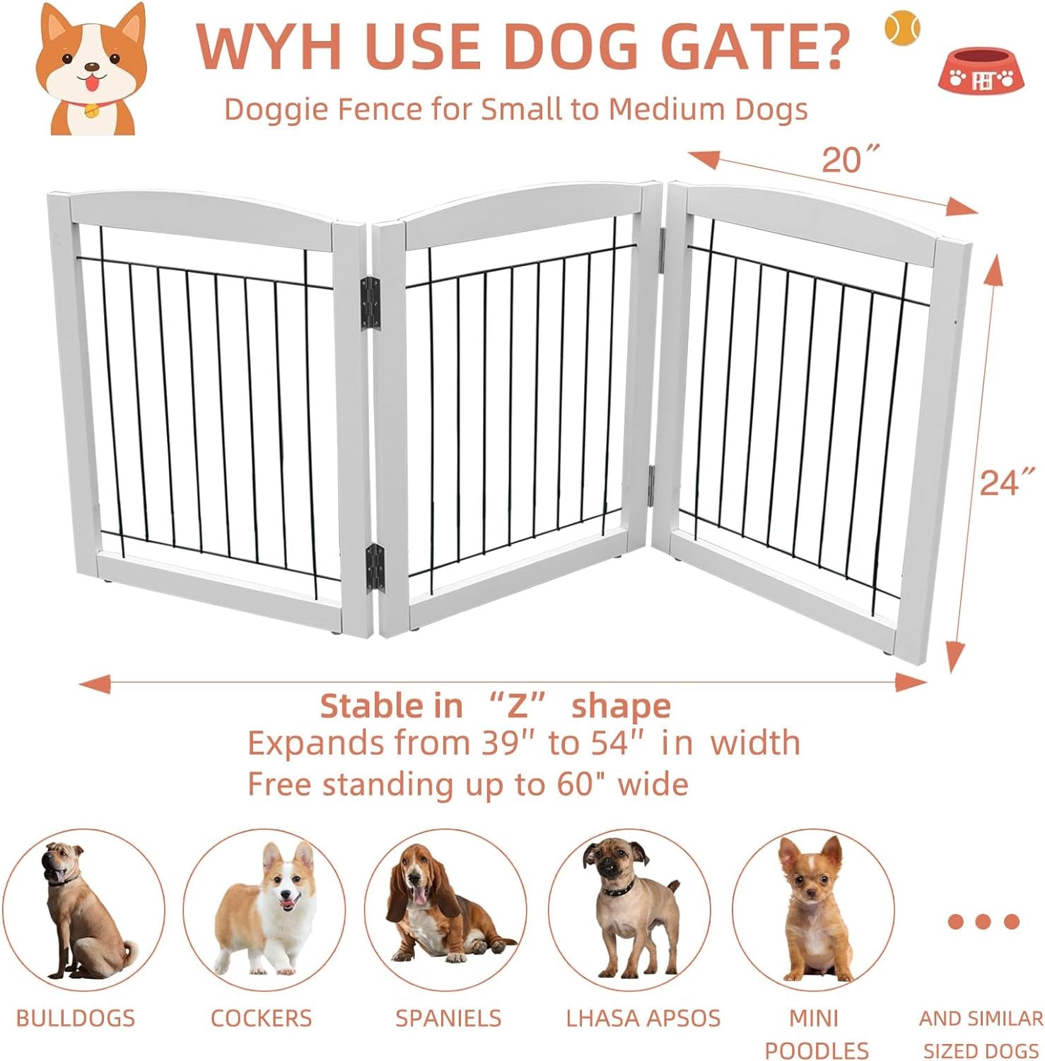 Foldable Indoor Dog Gate with Walk through Door, Freestanding Pet Gate for the House,Doorways, Stairs, Pet Puppy Safety Fence with Support Feet, White 6 Panels 120" Wide 24''Height