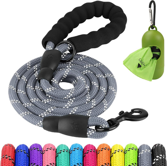 Joytale 6/5/4 FT Leashes for Large Medium Breed Dogs, Heavy Duty Nylon Braided Rope Dog Leash, Comfortable Padded Handle Strong Leashes with Poop Bags and Dispenser, Gray, 6'×1/2''