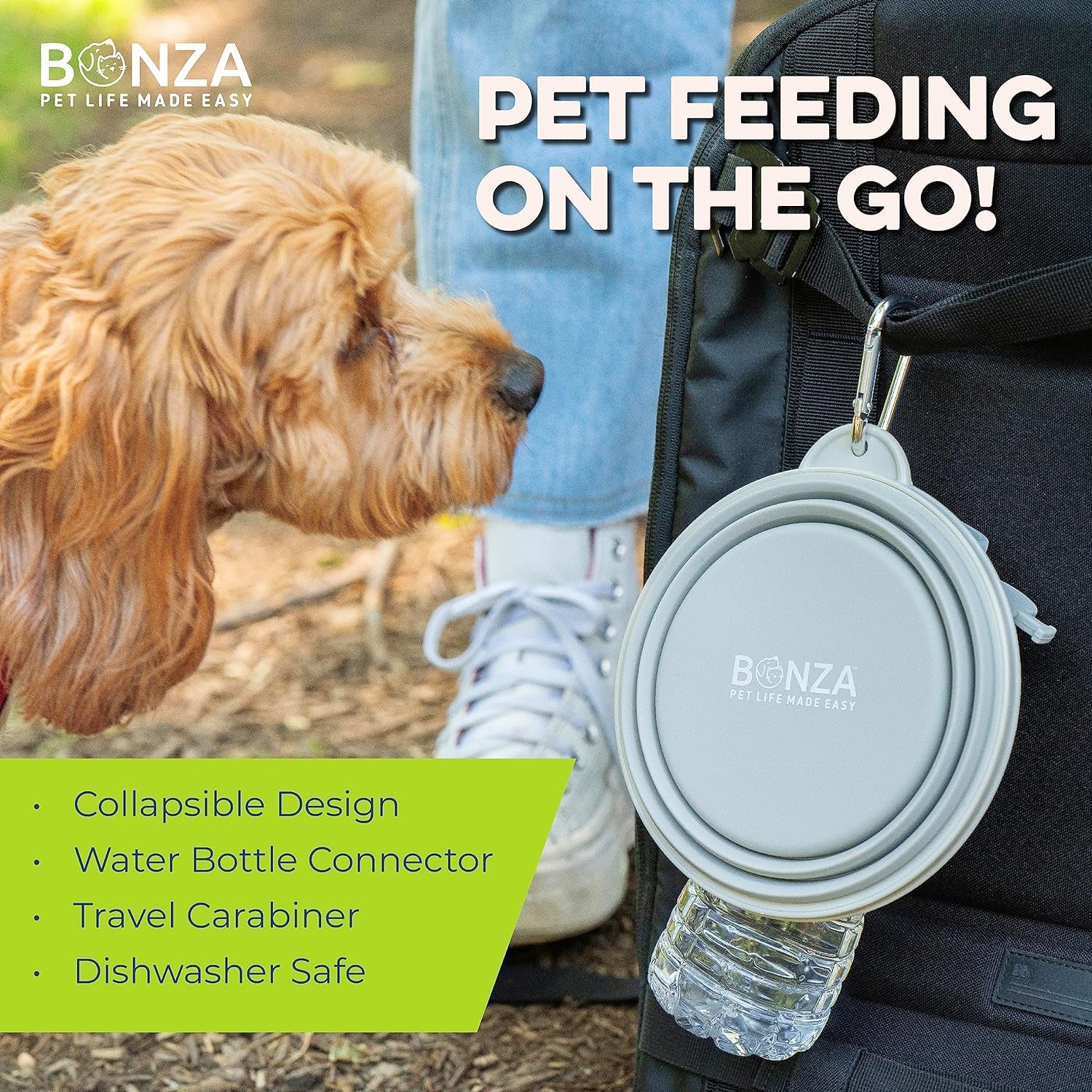 Large Collapsible Dog Bowl 1000 Ml, Sturdy Reinforced Rim, Includes Carabiner & Water Bottle Holder Keychain, Moss Green