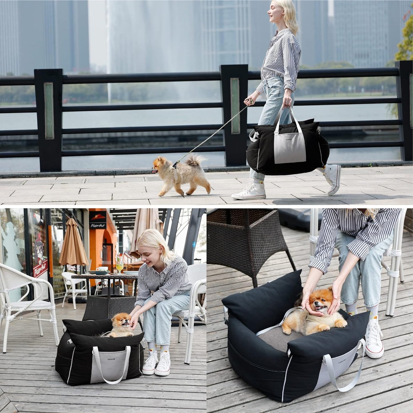 Lesure Small Dog Car Seat for Small Dogs - Waterproof Dog Booster Seat for Car with Storage Pockets, Clip-On Safety Leash and Thickened Memory Foam Filling, Pet Carseat Puppy Travel Carrier Bed, Beige