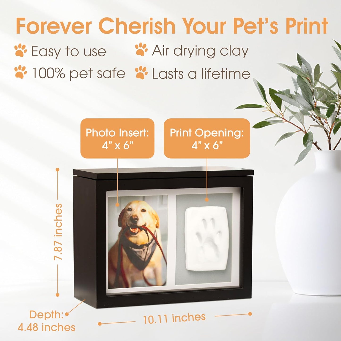 Pearhead Pet Photo Memory Box and Impression Kit for Dog or Cat Paw Print, Memorial Urn, White