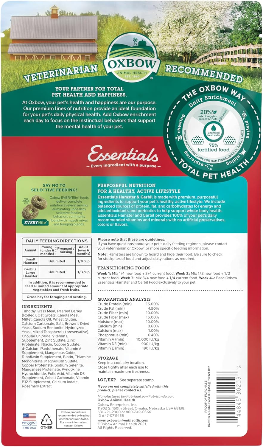 Oxbow Essentials Hamster Food and Gerbil Food - All Natural Hamster and Gerbil Food - 1 lb.