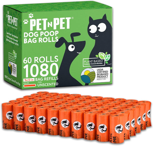 Pet N Pet 1080 Counts Orange Poop Bags for Dogs, 38% Plant Based & 62% PE Extra Thick Dog Poop Bags Rolls, 9" X 13" Unscented Dog Bags for Poop, Doggy Poop Bags, Cat Poop Bags, Dog Waste Bags