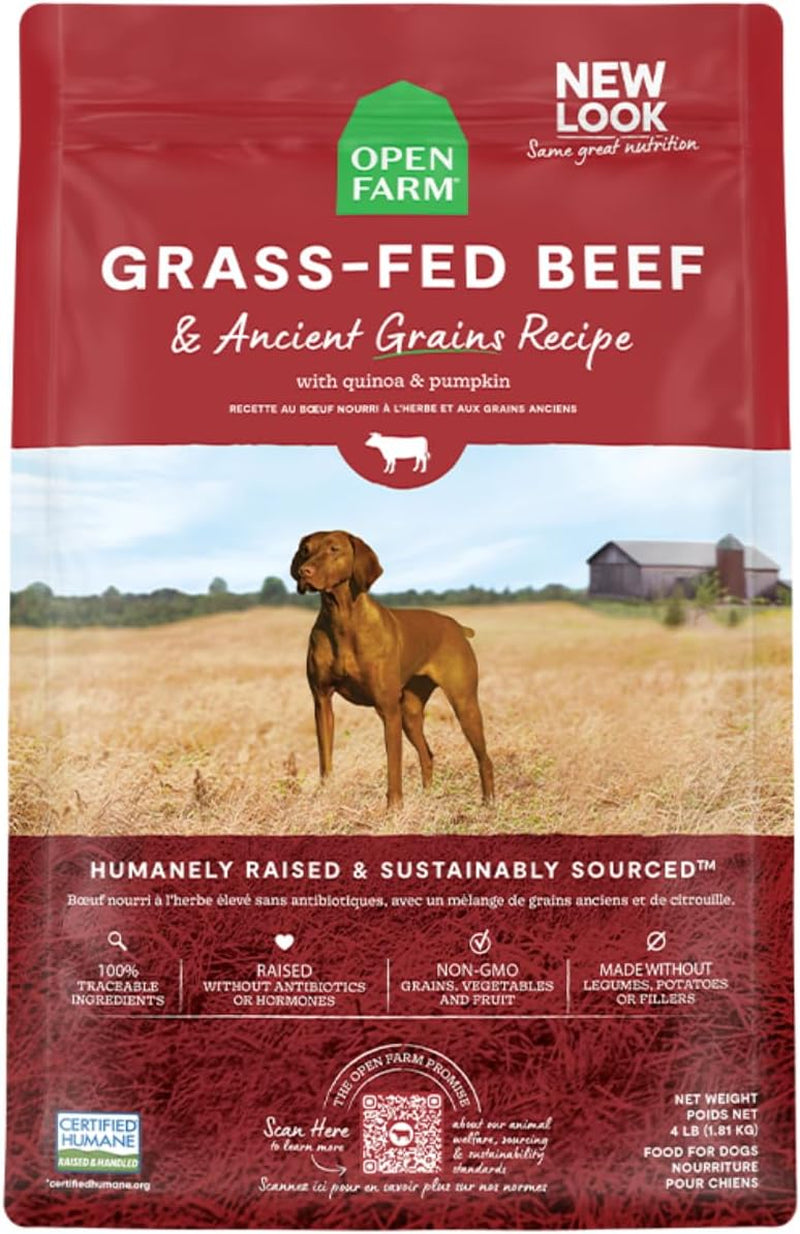 Open Farm Ancient Grains Dry Dog Food, Humanely Raised Meat Recipe with Wholesome Grains and No Artificial Flavors or Preservatives (Grass-Fed Beef Ancient Grain, 4 Pound (Pack of 1))