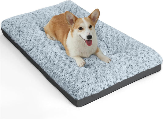 Deluxe Washable Dog Bed for Medium Dogs Dog Crate Mat 30 Inch Comfy Fluffy Kennel Pad Anti-Slip for Dogs up to 40 Lbs, 30" X 19", Grey