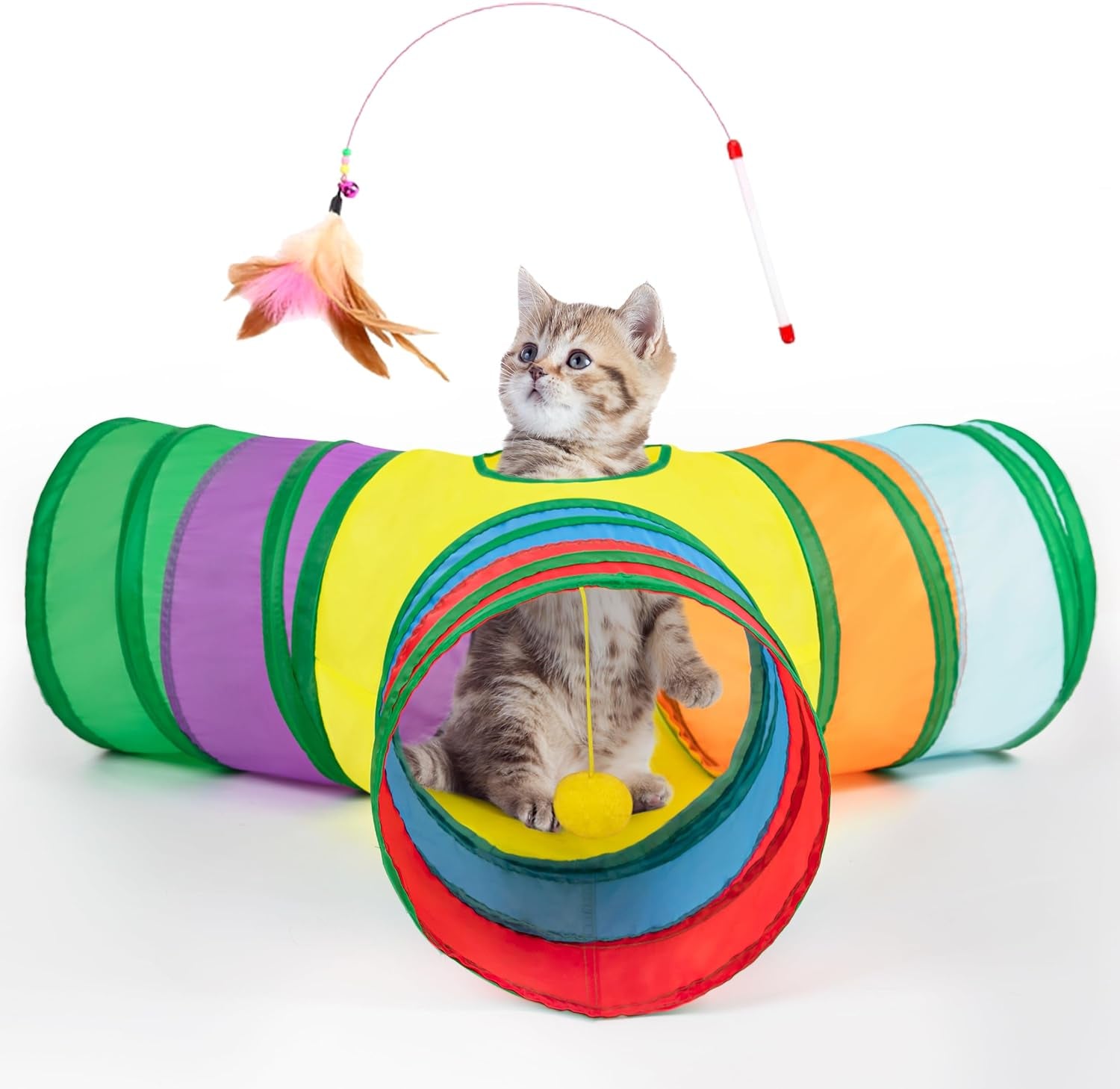 Pet Cat Tunnel Tube Cat Toys 3 Way Collapsible, Cat Tunnels for Indoor Cats，Kitty Tunnel Bored Cat Pet Toys Peek Hole Toy Ball Cat, Puppy, Kitty, Kitten, Rabbit Rainbow