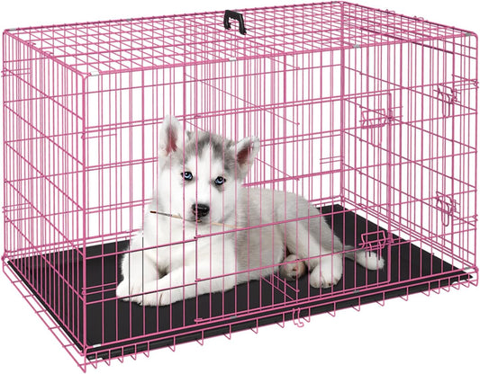 FDW Dog Crate Dog Cage Pet Crate for Large Dogs 24 Inch Folding Metal Pet Cage Double Door W/Divider Panel Indoor Outdoor Dog Kennel Leak-Proof Plastic Tray Wire Animal Cage,Pink