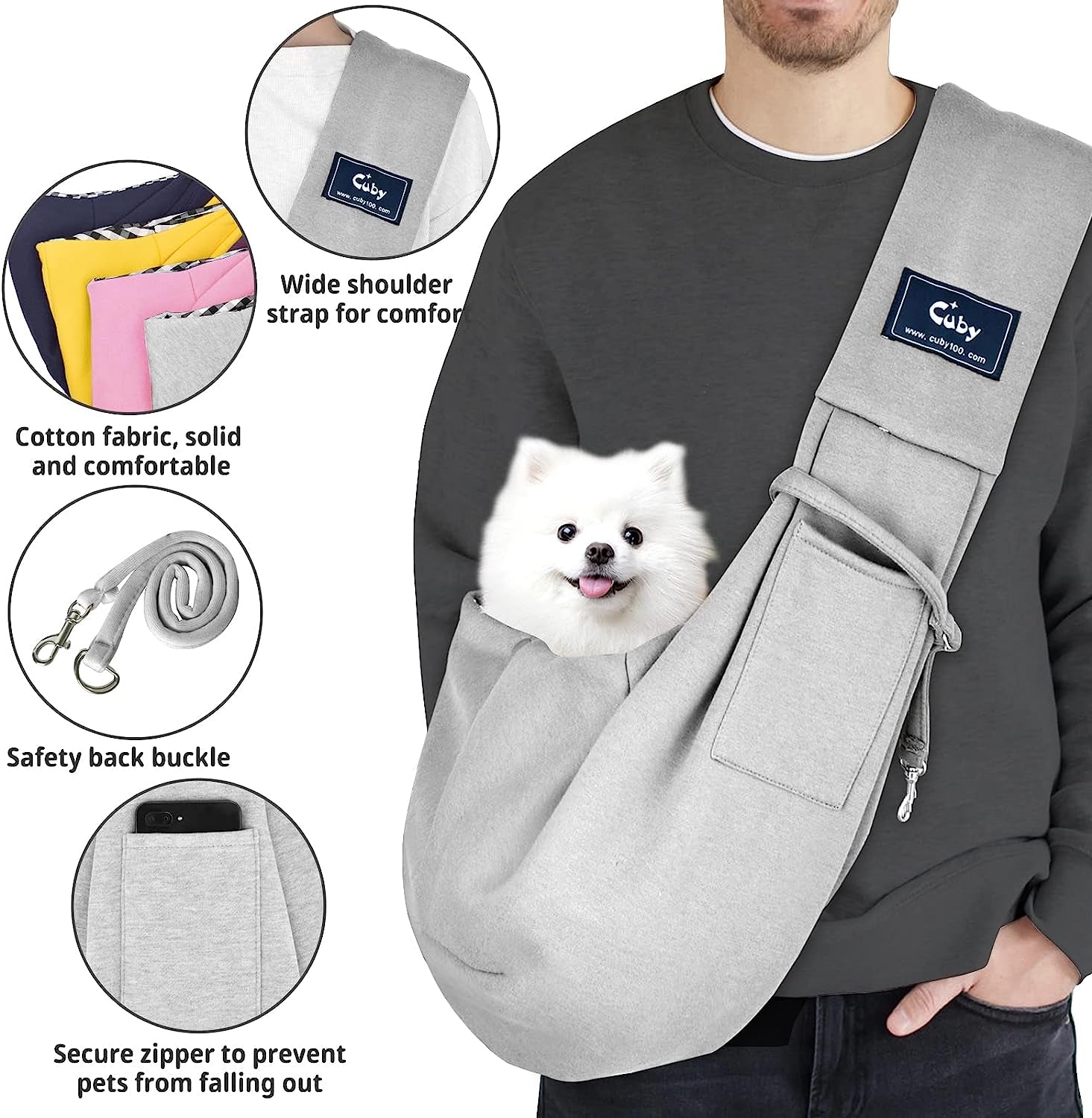 CUBY Dog and Cat Sling Carrier - Hands Free Reversible Pet Papoose Bag - Soft Pouch and Tote Design - Suitable for Puppy, Small Dogs Cats Outdoor (Classic Grey)