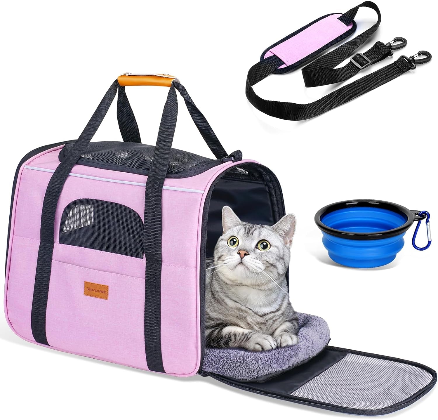 Morpilot Portable Cat Carrier - Soft Sided Cat Carrier for Medium Cats and Puppy up to 15Lbs, Pet Carrier with Locking Safety Zippers, Foldable Bowl, Airline Approved Travel Dog Carrier - Pink