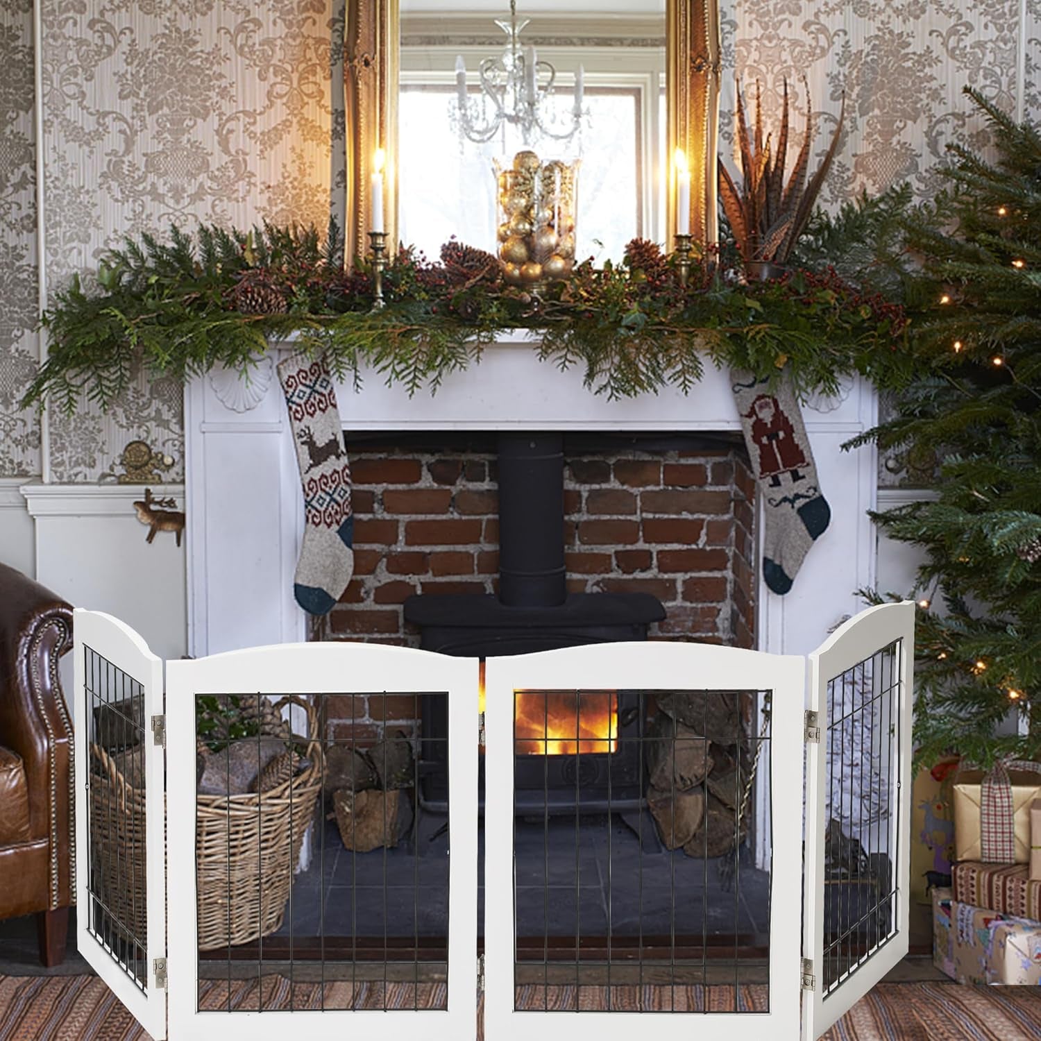 LZRS Sturdy Wood Pet Gate, Freestanding Wire Dog Gate Safety Fence Indoor, Foldable Stair Barrier Pet Exercise for Most Furry Friends, Dog Gate for Stairs,24" Height-4 Panels