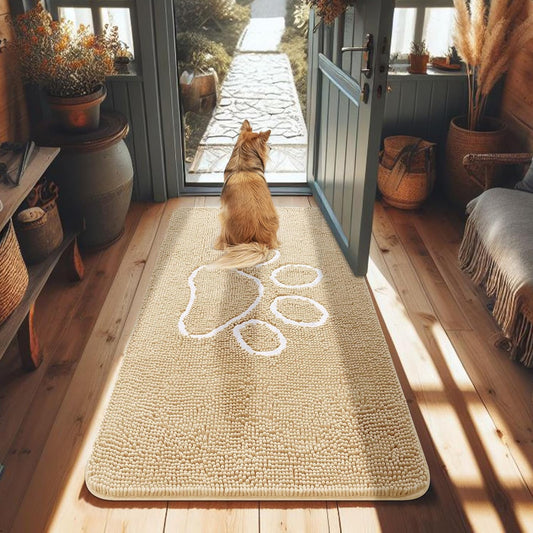 Smiry Dog Door Mat for Muddy Paws, Absorbent Dirt Trapper Non-Slip Washable Mat, Quick Dry Chenille, Mud Mat for Dogs, Entry Indoor Door Mat for inside Floor (48X30 Inches, Beige)