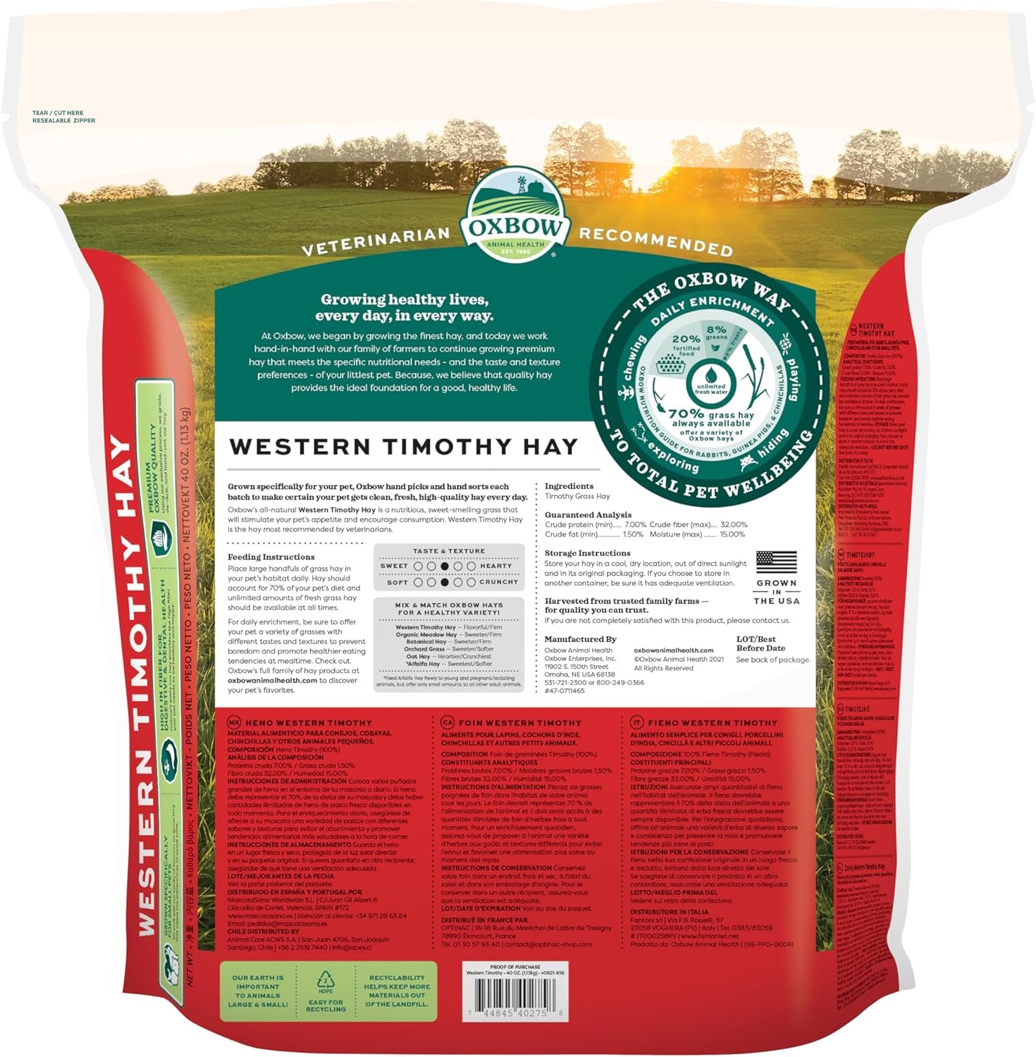 Oxbow Animal Health Western Timothy Hay - All Natural Hay for Rabbits, Guinea Pigs, Chinchillas, Hamsters & Gerbils - 40 Oz