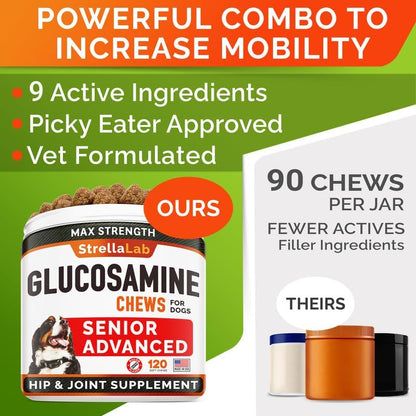 Senior Advanced Glucosamine Chondroitin Joint Supplement for Dogs - Hip & Joint Pain Relief Pills - Large & Small Breed - Hip Joint Chews Canine Joint Health - Chews Older Dogs - Bacon Flavor-120Ct