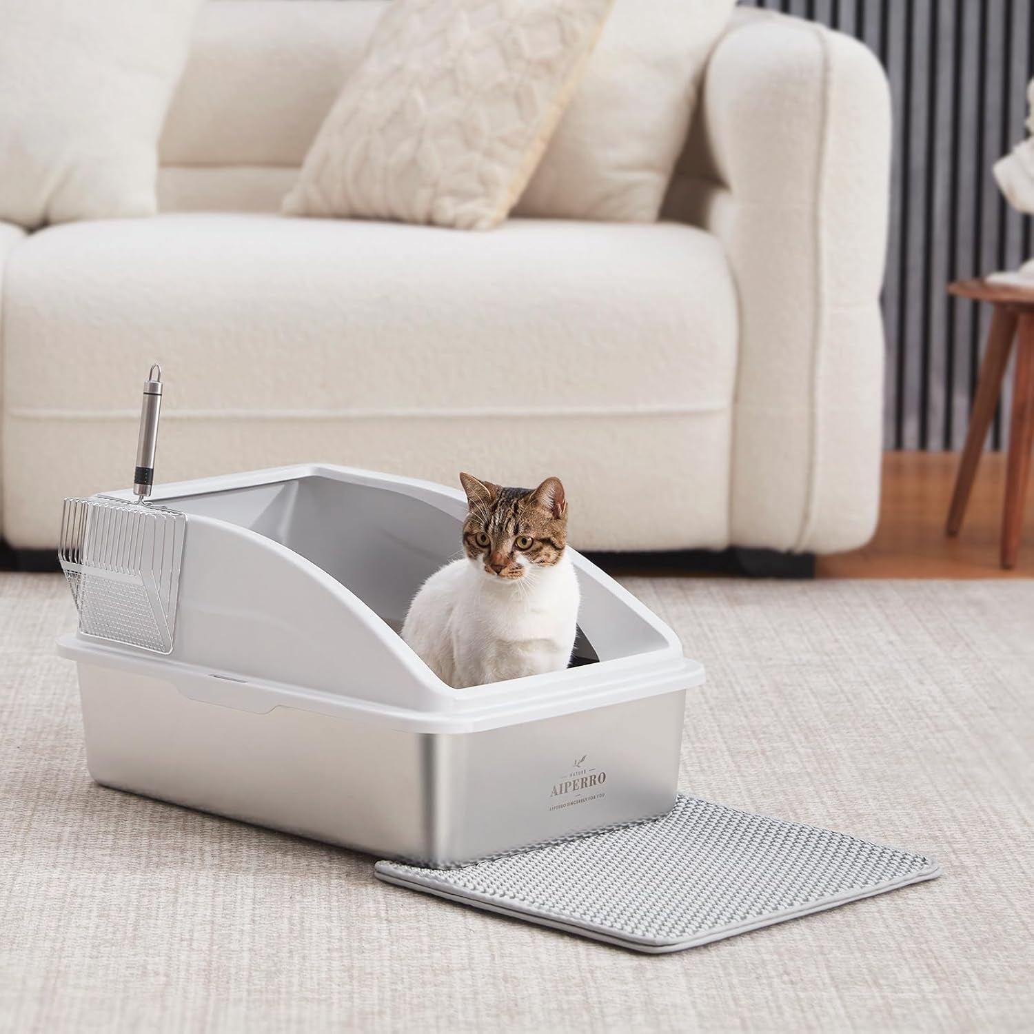 Stainless Steel Litter Box | XL Enclosed Cat Litter Box with Lid for Big Cats | High Sided, Anti-Urine Leakage | Non-Stick Bottom & Includes Litter Mat & Metal Scoop