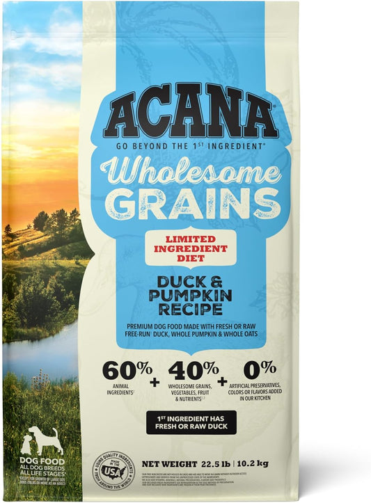 ACANA Wholesome Grains Limited Ingredient Diet Dry Dog Food, Duck & Pumpkin Recipe, Single Protein Duck Dog Food, 22.5Lb