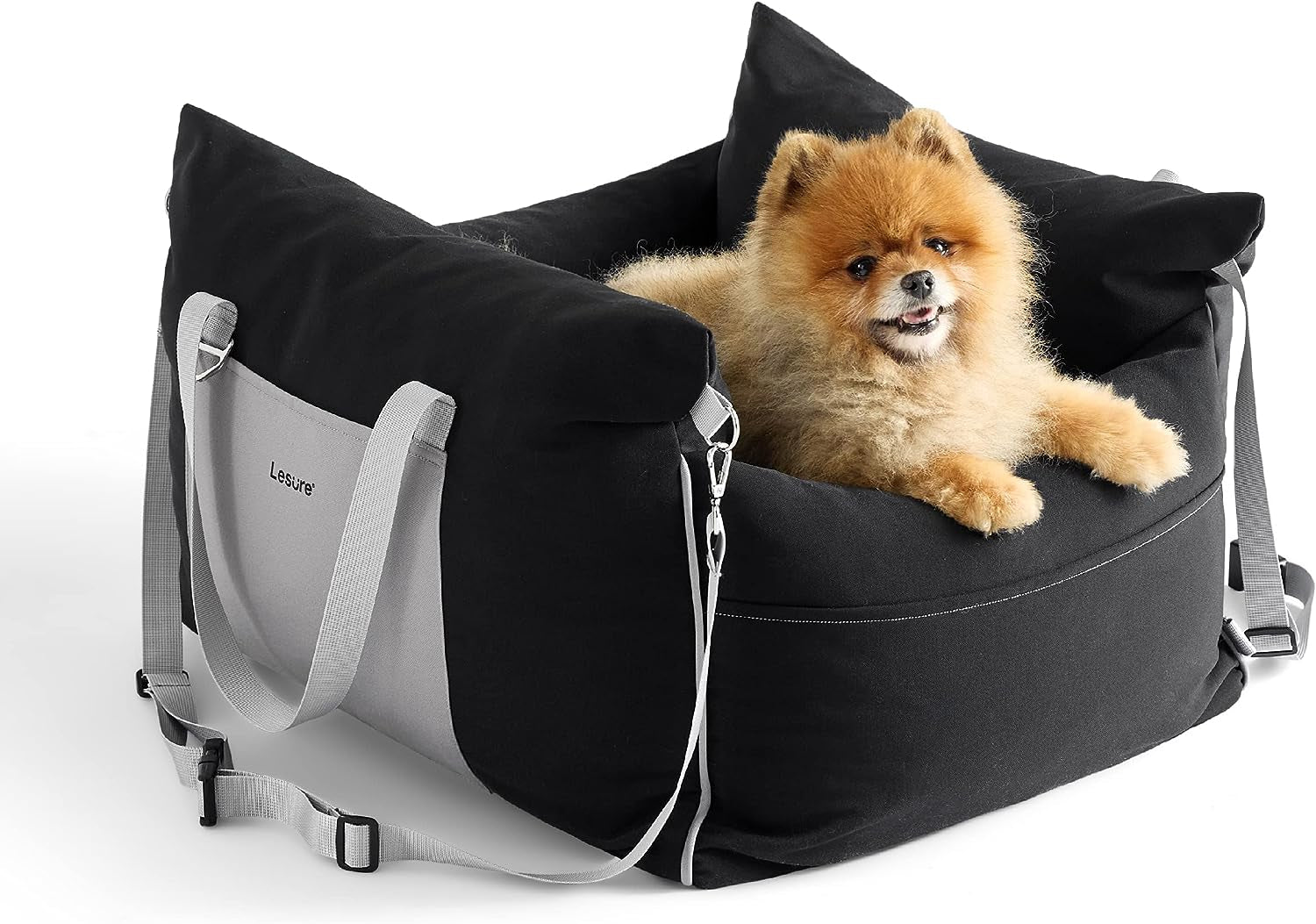 Lesure Small Dog Car Seat for Small Dogs - Waterproof Dog Booster Seat for Car with Storage Pockets, Clip-On Safety Leash and Thickened Memory Foam Filling, Pet Carseat Puppy Travel Carrier Bed, Beige