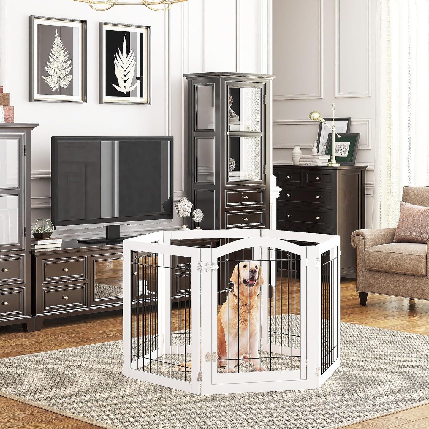 PAWLAND 72” Extra Wide Dog Gate for the House, Doorway, Stairs, Freestanding Foldable Wire Pet Gate, Pet Puppy Safety Fence,30" Height (Espresso, 3 Panels)