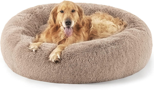 Bedsure Calming Dog Bed for Extra Large Dogs - Donut Washable Large Pet Bed, 45 Inches Anti-Slip round Fluffy Plush Faux Fur Dog Bed, Fits up to 125 Lbs Pets, Camel