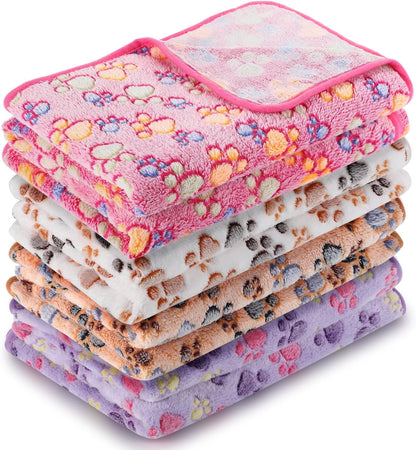 4 Pcs Pet Blanket Dog Puppy Blanket Paw Print Fleece Blanket for Small Medium Pet Dog Cat Warm Soft Sleep Mat Guinea Pig Cage Liners Blanket (White, Coffee, Pink, Purple,Xx-Large(51 X 63 Inch))