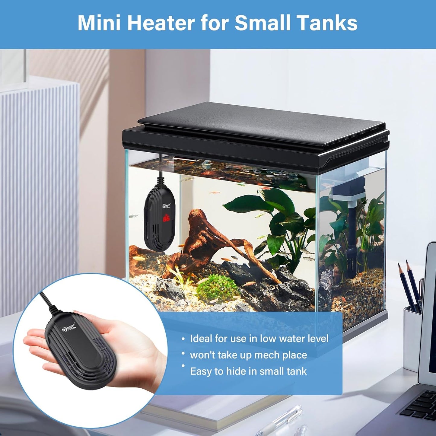 hygger Small Aquarium Heater, 50W Submersible Betta Fish Tank Heater with Adjustable Temperature External Controller, Turtle Heater with LED Display for up to 10 Gallon Tanks