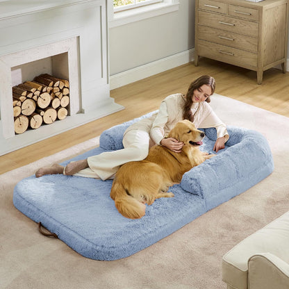 Bedsure Foldable Human Dog Bed for People Adults, 2 in 1 Calming Human Size Giant Dog Bed Fits Pet Families with Egg Foam Supportive Mat and Waterproof Liner, Faux Fur Orthopedic Dog Sofa, Light Blue