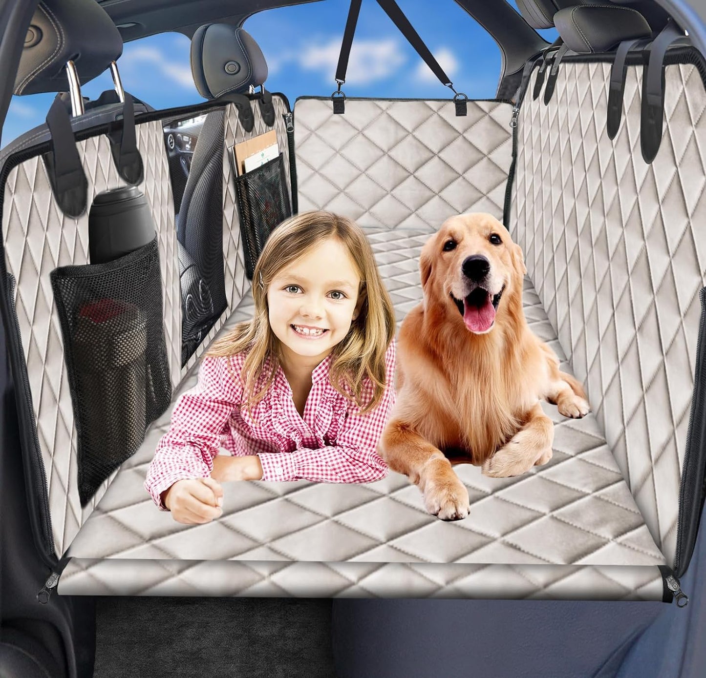 URPOWER Back Seat Extender for Dogs, Dog Car Seat Cover with Hard Bottom Dog Car Seat Bed Waterproof Dog Hammock for Car Pet Backseat Protector with Mesh Window and Storage Pocket for Car, SUV