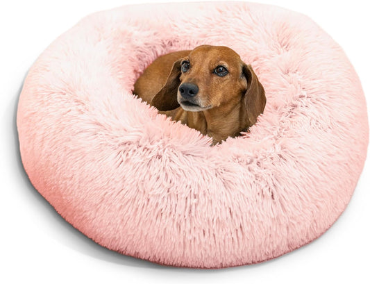 Best Friends by Sheri the Original Calming Donut Cat and Dog Bed in Shag Fur Cotton Candy Pink, Small 23"