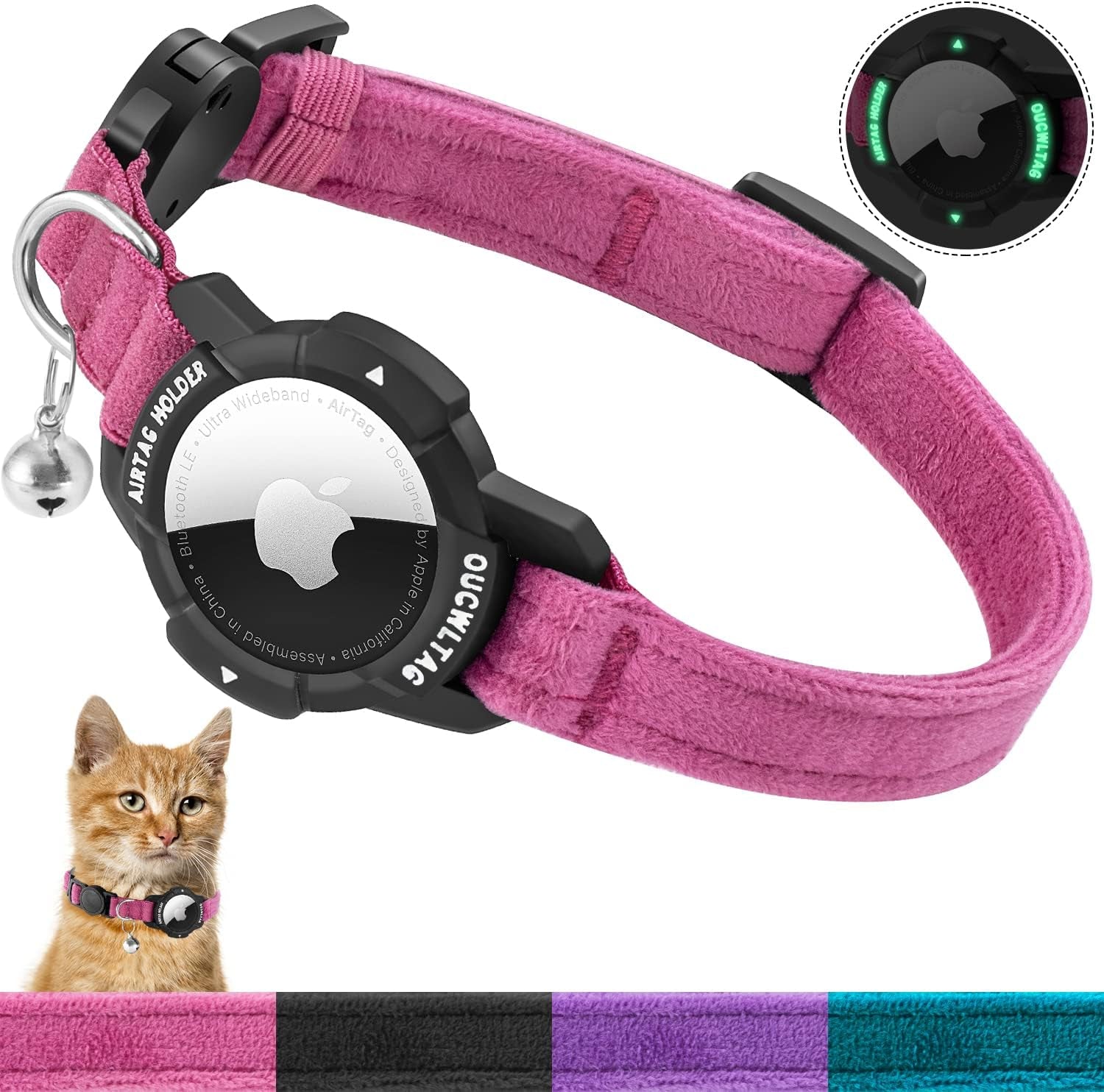 Luminous Airtag Cat Collar Breakaway, OUCWLTAG GPS Cat Collar with Apple Air Tag Holder, Cat Tracker Collars with Safety Elastic Band for Girl Boy Cats, Kittens and Puppies (Pink, 7-10 Inch)