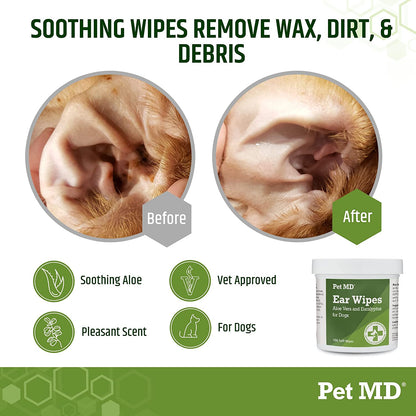 Pet MD - Dog Ear Cleaner Wipes - Otic Cleanser for Dogs to Stop Ear Itching, and Infections with Aloe and Eucalyptus - 100 Count